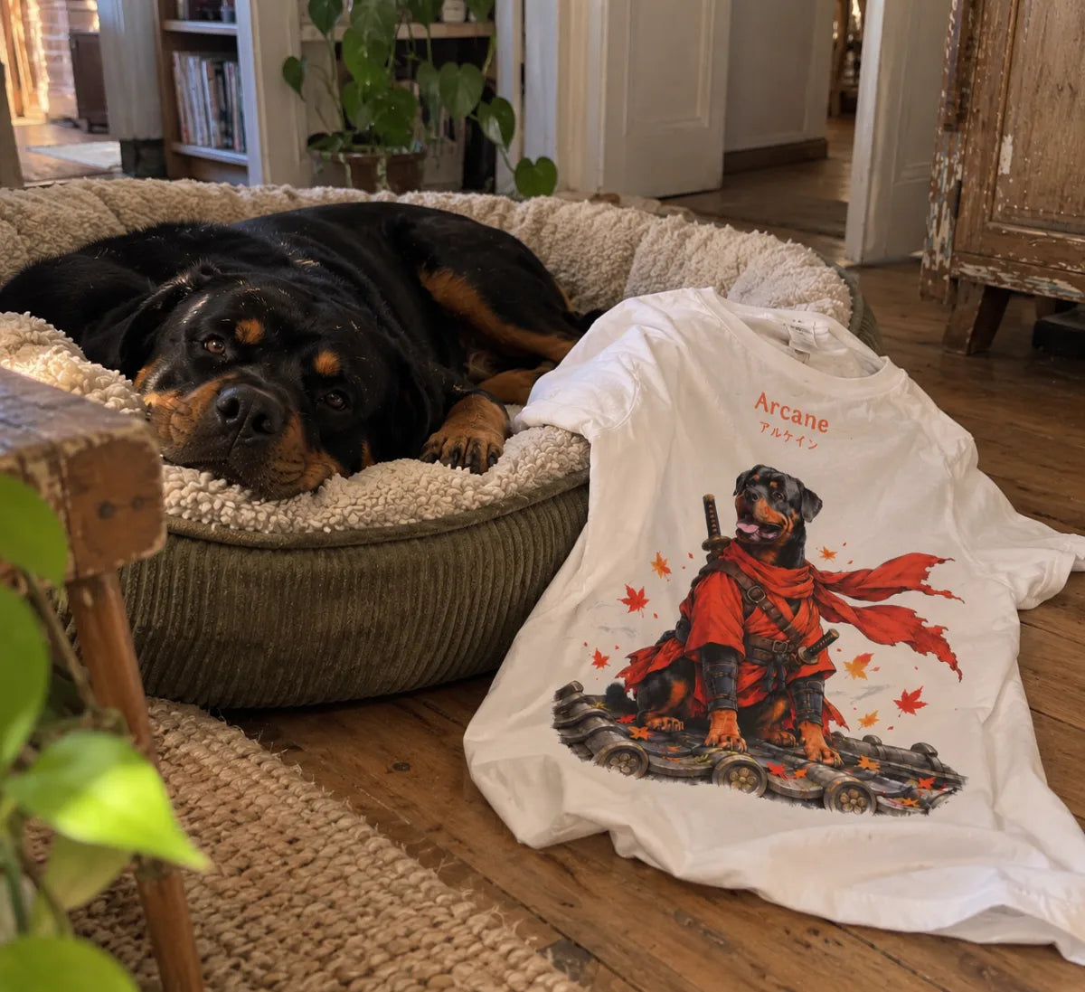 Arcane, rottweiler, couché dans son panier à côté de son t-shirt où il apparaît en samouraï au kimono rouge