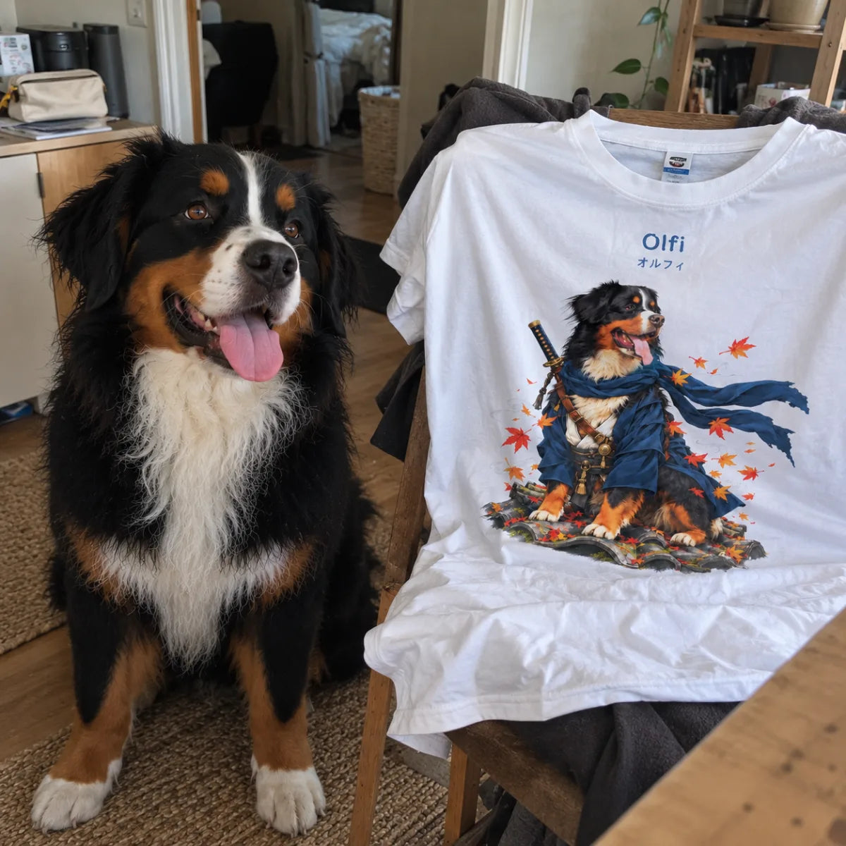 Olfi, bouvier bernois, assis à côté de son t-shirt où il apparaît en samouraï au kimono bleu