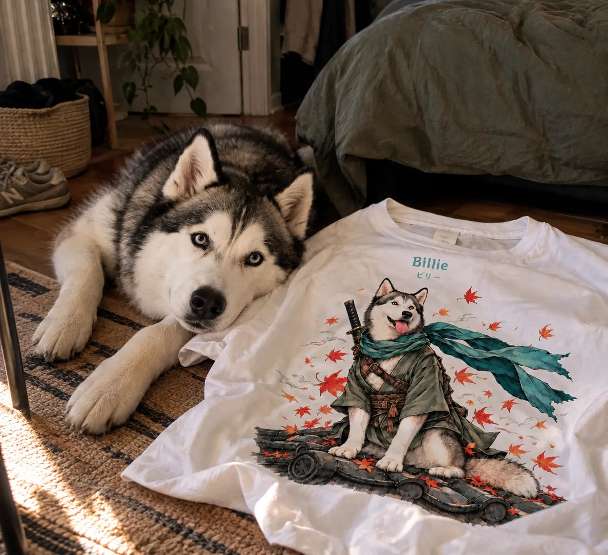 Billie, husky, sur le tapis à côté de son t-shirt avec son portrait de samouraï