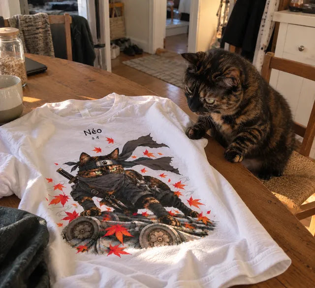 Néo, chat écaille de tortue, sur la table à côté de son t-shirt avec son portrait de ninja