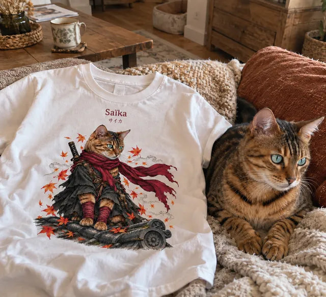 Saïka, chat tigré, sur le canapé à côté de son t-shirt avec son portrait de samouraï